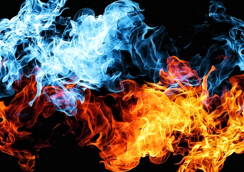 3D illustration of red and blue fire swirling