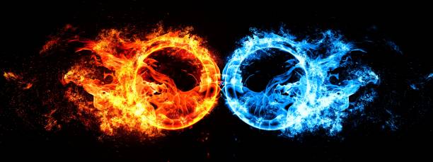 istock 3D illustration of red and blue fire swirling 1403741318
