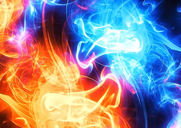 3D illustration of red and blue fire swirling