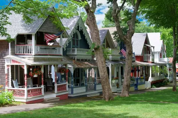 A row of colorful gingerbread cottages located in Oak Bluffs, Martha's Vineyard