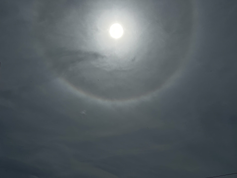 Sun halo optical phenomenon on cloudy sky