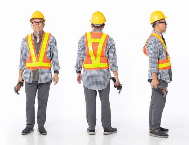 istock Full length 50s 60s Asian Chinese contractor builder engineer man, 360 front side back rear 1403748283