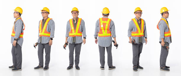 istock Full length 50s 60s Asian Chinese contractor builder engineer man, 360 front side back rear 1403748370