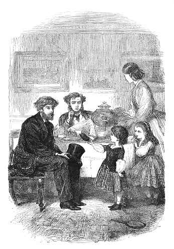 Happy family of father, mother, two sisters having dinner at home. One child offers a man who is visiting her food. Illustration published 1899. Source: Original edition is from my own archives. Copyright has expired and is in Public Domain.