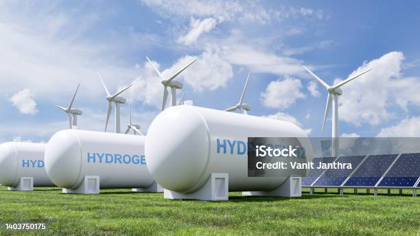 Hydrogen Energy Storage Gas Tank For Clean Electricity Solar And Wind Turbine Facility Stock Photo - Download Image Now