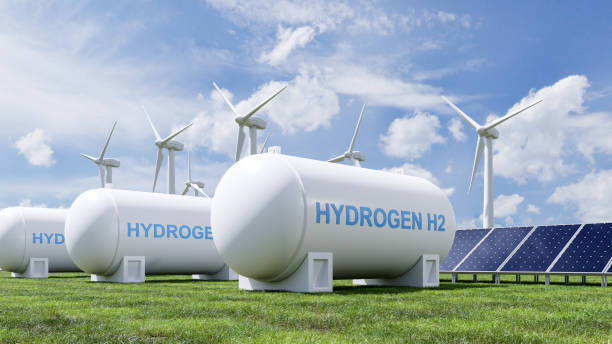 hydrogen energy storage gas tank for clean electricity solar and wind turbine facility. - wind turbine fuel and power generation clean industry imagens e fotografias de stock