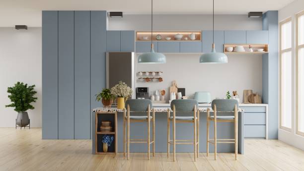 家具付きのモダンなブルーのキッチンインテリア、白い壁のキッチンインテリア。 - restaurant food color image nobody ストックフォトと画像