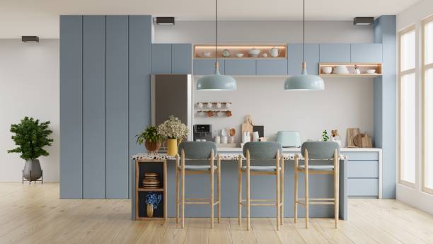 istock Modern blue kitchen interior with furniture,kitchen interior with white wall. 1403750215