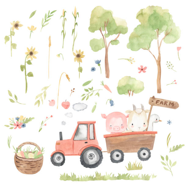istock Farm outdoor watercolor illustration, tractor, sunflower 1403751190