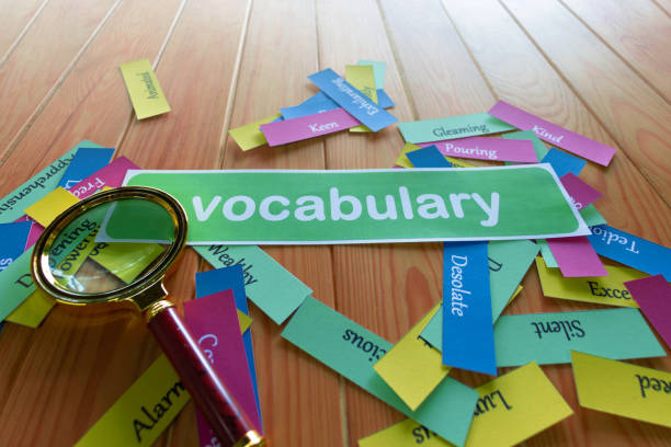 magnifying glass on English word cards