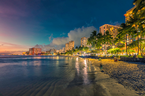 Night panorama of Waikiki Beach with sand and palm trees in Honolulu, Hawaii. Sunset light
