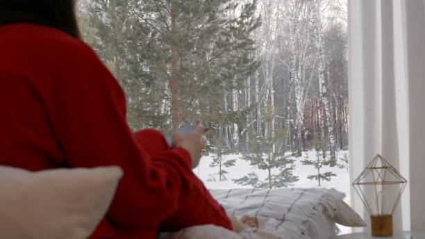 une femme s’assoit sur le lit et utilise son smartphone le matin immédiatement après son réveil pour consulter ses messages sur les réseaux sociaux et les messageries instantanées. derrière la grande fenêtre se trouve une forêt d’hiver. - vehicle interior indoors window chair photos et images de collection