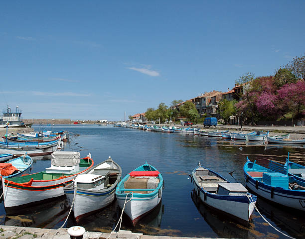 Fishing boats moored in Sozopol Harbour stock photo