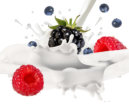 raspberry ,blueberry and milk splash, raspberry yogurt isolated