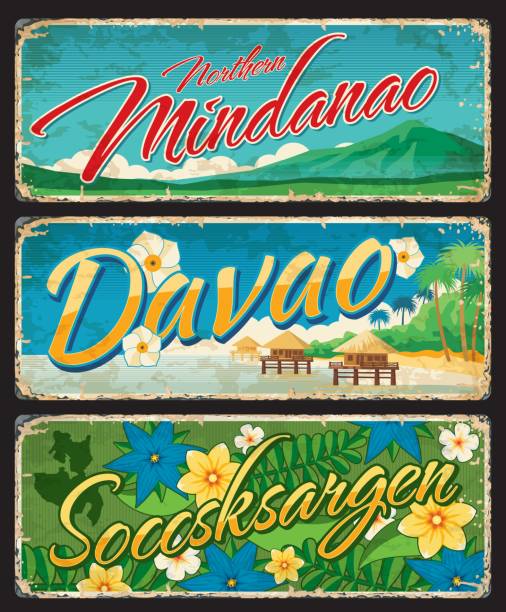 ilustrações, clipart, desenhos animados e ícones de placas de mindanao, davao e soccsksargen - philippines map retro revival cartography