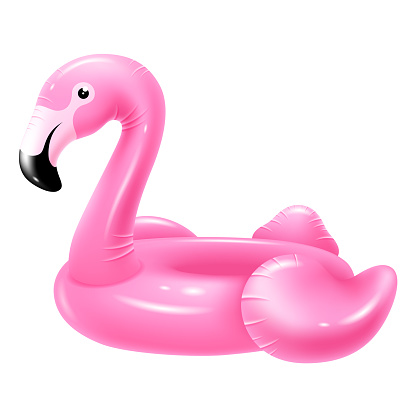 Inflatable rubber swimming ring in pink flamingo shape. For leisure at the pool, sea, on the beach. Realistic vector illustration.