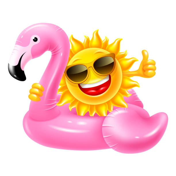 надувное резиновое кольцо розовый фламинго с солнечным характером - swimming pool toy inflatable ring float stock illustrations