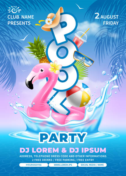 Pool Party Poster Template Bright and fun advertising poster template for pool party. Swim ring in pink flamingo shape, beach ball, some beach accessories falls into crystal clean pool water with splashes. Vector illustration inflated pool stock illustrations