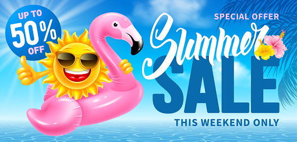 Advertising of summer sale and discount. Up to 50 percents off. Design with lettering, sunbeams, fun sun character swims in inflatable pink flamingo on blue sea and sky background. Vector illustration