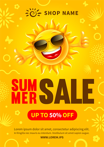 Seasonal Summer Sale poster or flyer template. Advertising design. Invitation for shopping with 50 percent off. Cheerful sun, which shows thumb up, on yellow sunny background. Vector illustration.