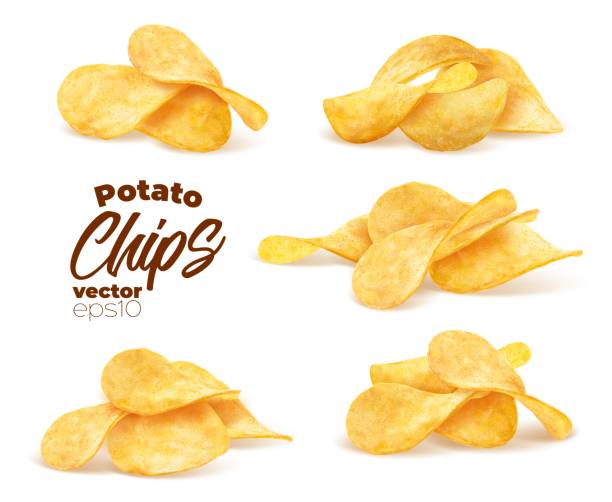 Crispy potato chips stack, pile and heap, vector Crispy potato chips stack, pile and heap, realistic 3D vector with crunchy wavy snack pieces bunches. Isolated chips for advertising, package or promo ads, delicious food, ripple meal salt pile stock illustrations