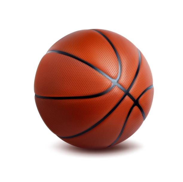 Realistic isolated basketball ball, accessory Realistic isolated basketball ball, vector sports accessory. Orange colored sphere with black stripes. Professional sport item, game equipment lying on floor with shadow, 3d object basketball stock illustrations