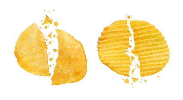 Cracked and broken potato chips with crumbs Cracked and broken potato chips with crumbs. Realistic vector crispy snack chips pieces separated on two parts. Isolated 3d crushed crunchy junk food, delicious vegetable crisp meal, fast food potato chip stock illustrations