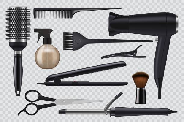Realistic hairdresser tools, barbershop items Realistic hairdresser tools, barbershop salon items 3d vector. Professional hairstyle accessories with scissors, hairdryer, curling iron and comb, shaving brush, sprayer and barrette appliance iron appliance stock illustrations