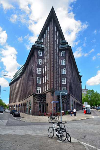 Wide shot of Chilehaus (Chile House) building in Hamburg, Germany. It was designed by the German architect Fritz Höger and finished in 1924