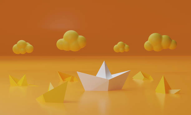 istock Yellow paper boat floating with several white boats sinking. 1403762989