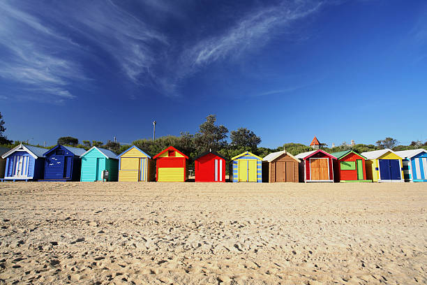 istock A landscape view of colorful beach huts in a row 140376403