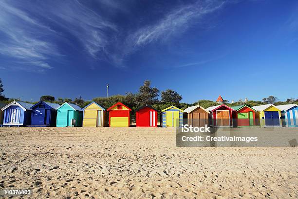 A Landscape View Of Colorful Beach Huts In A Row Stock Photo - Download Image Now - Absence, Angle, Architecture