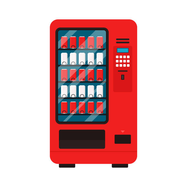 소다 자동 판매기 아이콘입니다. 흰색 배경에 격리된 벡터 이미지입니다. 빨간 식수 자동 판매기 - vending machine machine selling soda stock illustrations
