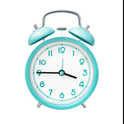 Stylish blue alarm clock isolated on white background. Concept of time for awakening and household utensils.