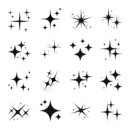 Star sparkle and twinkle, star burst and flash black silhouettes. Isolated vector set of shining lights and sparks of bright stars with glowing rays and flare effect. Magic glint, shiny glitter