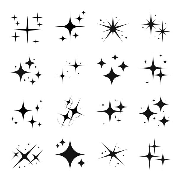 Star sparkle and twinkle, star burst and flash Star sparkle and twinkle, star burst and flash black silhouettes. Isolated vector set of shining lights and sparks of bright stars with glowing rays and flare effect. Magic glint, shiny glitter magician stock illustrations
