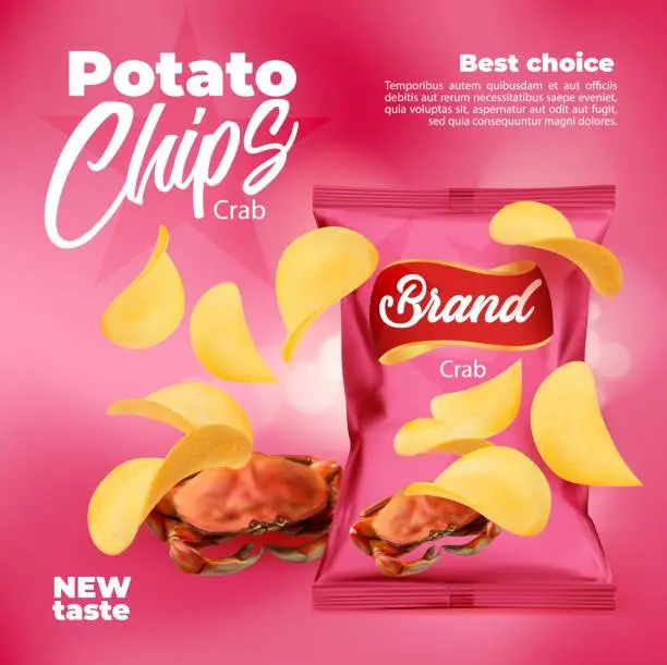 Vector illustration of Realistic crab flavored potato chips snack package