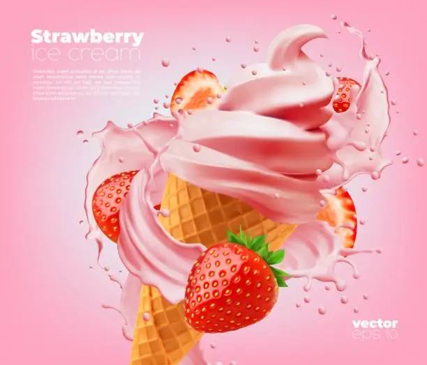 Vector illustration of Soft strawberry ice cream cone with swirl splash