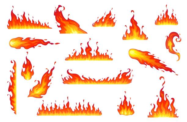 Cartoon isolated fire flames, bonfire, fire set Cartoon isolated fire flames, bonfire. Vector campfire, comet, fireball or torch burning blaze. Glowing shining borders with long waving tongues. Decorative ignition stripes of fire flames flame stock illustrations