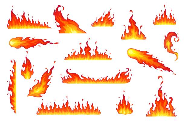 Cartoon isolated fire flames, bonfire, fire set Cartoon isolated fire flames, bonfire. Vector campfire, comet, fireball or torch burning blaze. Glowing shining borders with long waving tongues. Decorative ignition stripes of fire flames outdoor fire stock illustrations