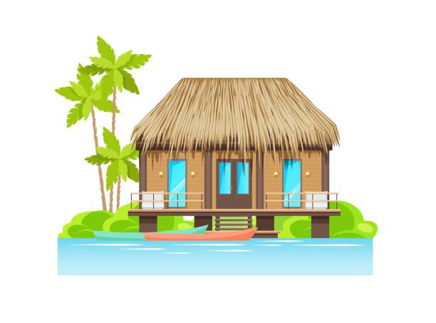 Bungalow exterior on island by water with boats Modern bungalow exterior on island by water with parked boats, vector architecture. Bungalow house with thatching roof of reed straw, dwelling hut on river or ocean, tropical cottage cabin with palms straw roof stock illustrations