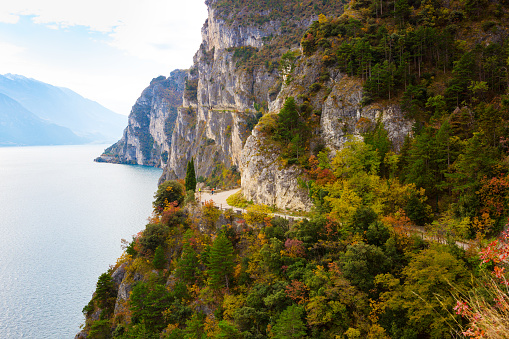 Panoramic view on Lake Garda. Old Ponale Road Path, in autumn,  Lake Garda North, Trentino, Trentino-Alto Adige, Italy.