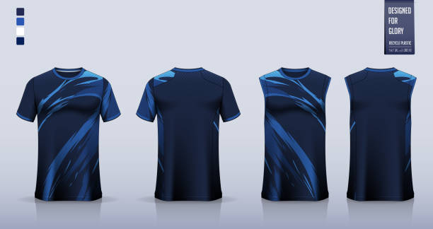 ilustraciones, imágenes clip art, dibujos animados e iconos de stock de deporte de camiseta azul, camiseta de fútbol, kit de fútbol, uniforme de baloncesto, camiseta sin mangas y maqueta individual. diseño de patrón de tela. vector. - t shirt template shirt symbol