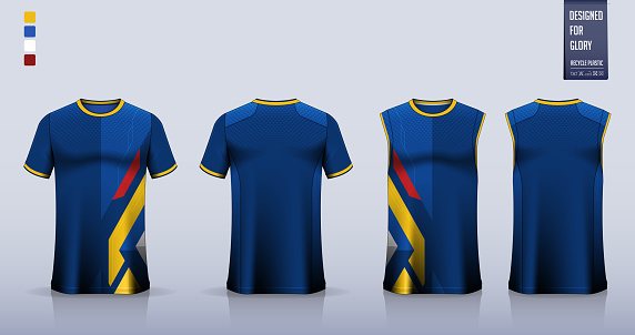 T-shirt mockup, sport shirt template design for soccer jersey, football kit. Tank top for basketball jersey, running singlet. Fabric pattern for sport uniform in front and back view. Vector Illustration.