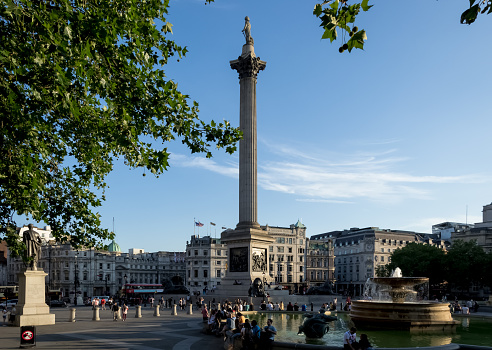 London, England – July 2018 – Architectural detail of Trafalgar Square, a public square in the City of Westminster, Central London, established in the early 19th century
