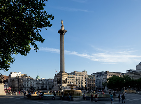 London, England – July 2018 – Architectural detail of Trafalgar Square, a public square in the City of Westminster, Central London, established in the early 19th century