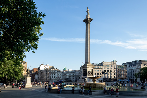 London, England – July 2018 – Architectural detail of Trafalgar Square, a public square in the City of Westminster, Central London, established in the early 19th century