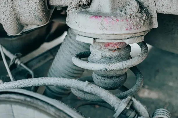 Photo of Old rusty and dirty shock spring and strut in the car