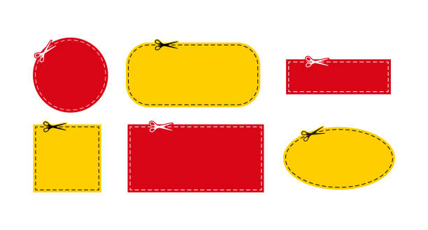 ilustrações, clipart, desenhos animados e ícones de tesoura cortar linha pontilhada vermelha e amarela com ícone de painel. - coupon scissors sale frame