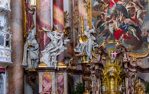 Ottobeuren, bavaria, germany 04, 2022 : interiors, and stuccowork statues, frescoes frescoes by Johann Jakob Zeiller (1708-1783) in  Ottobeuren abbey basilica